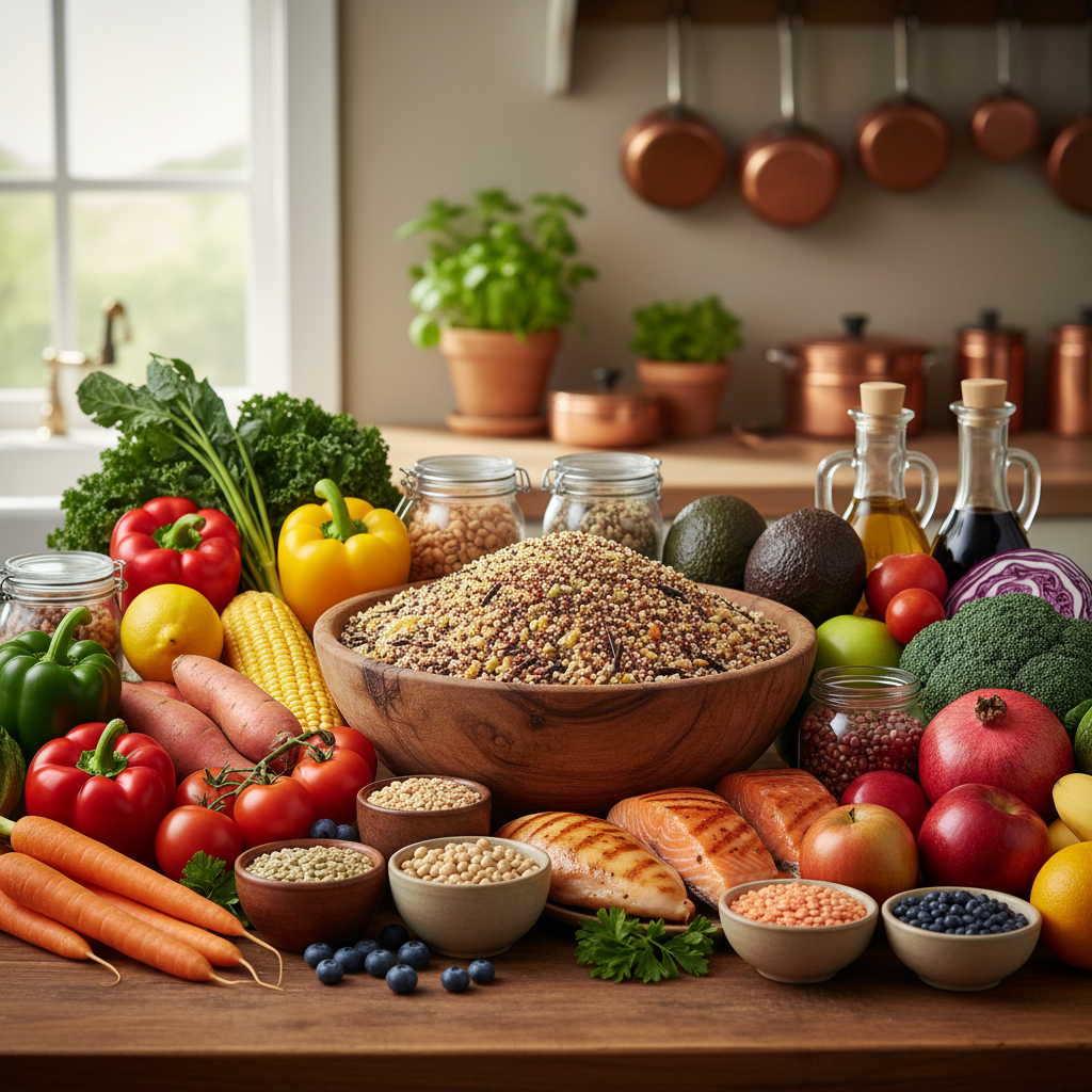 Colorful array of fresh vegetables, fruits, grains, and lean proteins arranged on a table