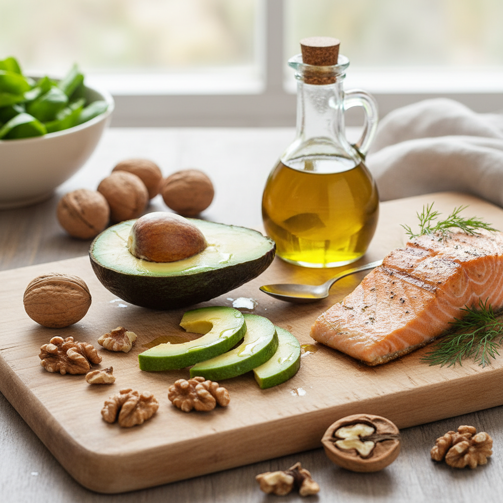 Avocado, walnuts, olive oil, and salmon representing natural sources of healthy dietary fats