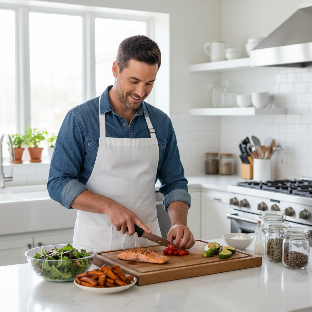 Man preparing a fresh, balanced meal in a bright kitchen