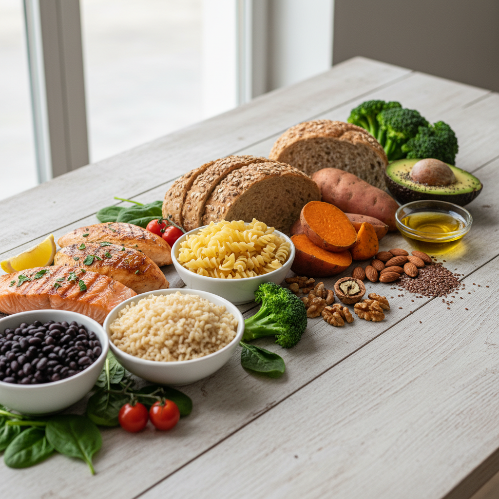 Diverse food items representing proteins, carbohydrates, and healthy fats on a wooden surface