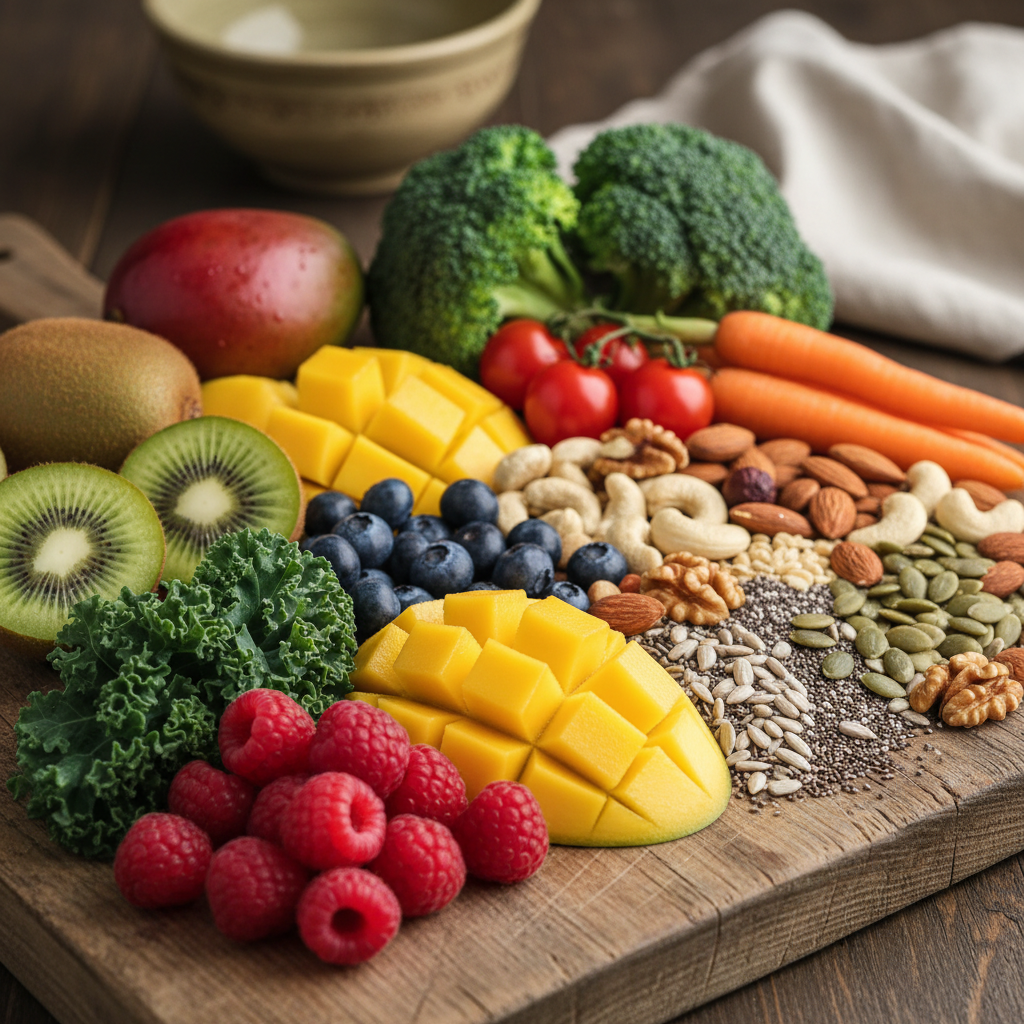 Close-up of a colorful array of fresh fruits, vegetables, nuts, and seeds on a wooden surface