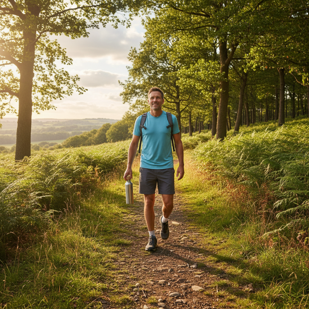 Adult man walking outdoors in a natural setting on a sunny day, carrying a reusable water bottle